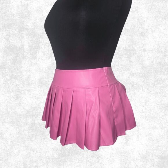 Pink Faux Leather Pleated Mini Skirt – Y2K Clubwear, Festival Baddie Vibes xl - Picture 2 of 3